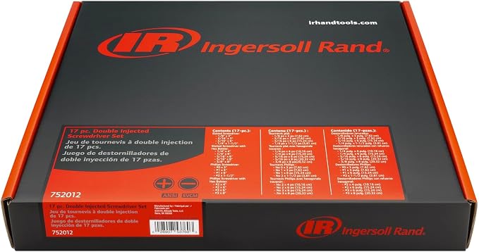 Ingersoll Rand 17 Piece Master Screwdriver Set with EVA Tray, Magnetized Tips, Hex Bolsters, SVCM Alloy Shafts, Soft Grip Handles, Slotted and Phillips - 752012