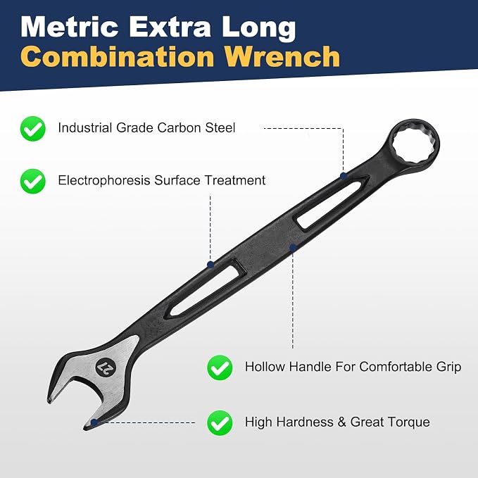 HARFINGTON 2pcs Combination Wrench 27mm Metric Extra Long 12-Point Box and Open End Carbon Steel Double Ended Industrial Grade Spanner for Automotive Furniture Machinery DIY Repair, Black