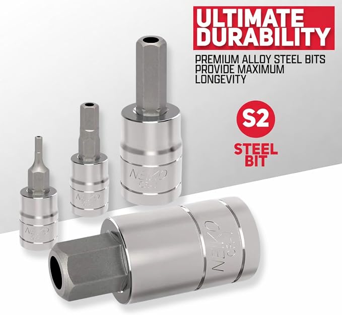 Neiko 01144A Tamper-Proof Hex Bit Socket Set, 26 Pieces | SAE (5/64-9/16”) and Metric (2-14MM)