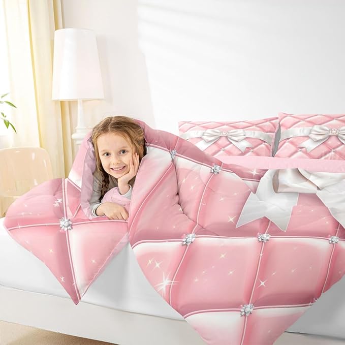 Feelyou Bow Comforter Set Full Size Glitter Bowknot Bedding Set for Kids Boys Girls Princess Duvet Quilt Bedroom Decor Microfiber 3 Pcs with 2 Pillow Cases