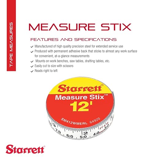 Starrett Tape Measure Stix with Adhesive Backing - Mount to Work Bench, Saw Table, Drafting Table - 1/2" x 12', English Metric, Right-Left Reading - SM412WMERL