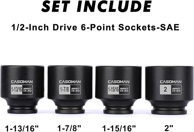 CASOMAN 1/2'' Drive Spindle Axle Nut Impact Socket Set, 6 Point, CR-MO,1-13/16, 1-7/8, 1-15/16, 2 inch, 4PC 1/2-Inch Impact Socket Set, Heavy Duty Use In Removing And Installing Axle Nuts