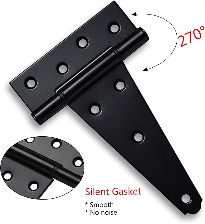 6 Inch T-Strap Shed Door Hinges Heavy Duty,Black Tee Hinge for Wooden Fences,Yard Door,Barn Door Gates, Wrought Hardware Rustproof,2Pack/Set