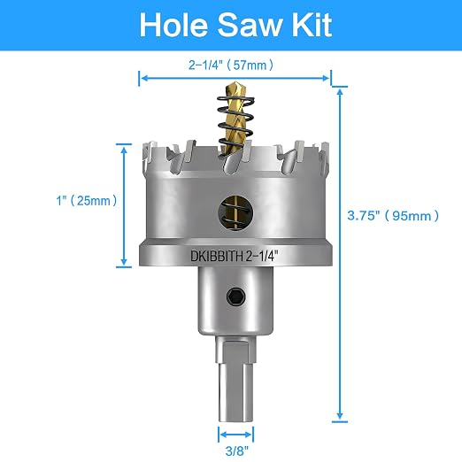 DKIBBITH TCT Hole Saw 2-1/4"(57mm) Heavy Duty Tungsten Carbide Tipped Hole Cutters for Stainless Steel, Copper, Iron, Brass, Plastic with Titanium-Plated Pilot Drill Bits.