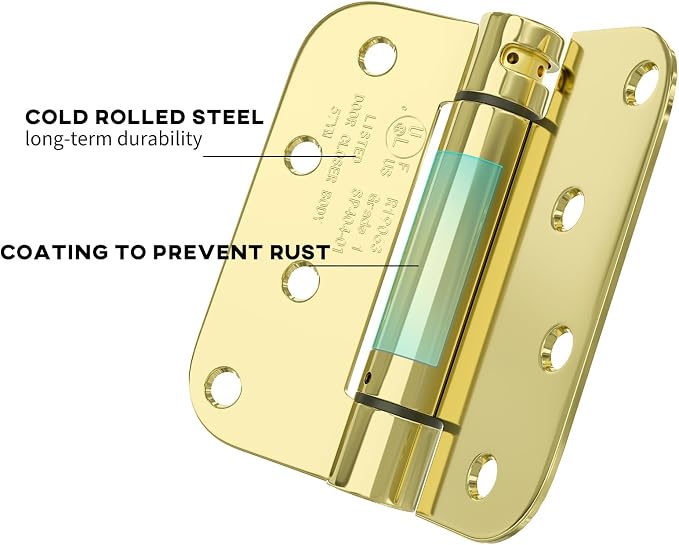 goldenwarm 4pack Polished Brass Door Hinges 4 Inch Self Closing Spring Door Hinge with 5/8" Radius Corners - Adjustable Door Closing, Residential & Heavy-Duty Hardware
