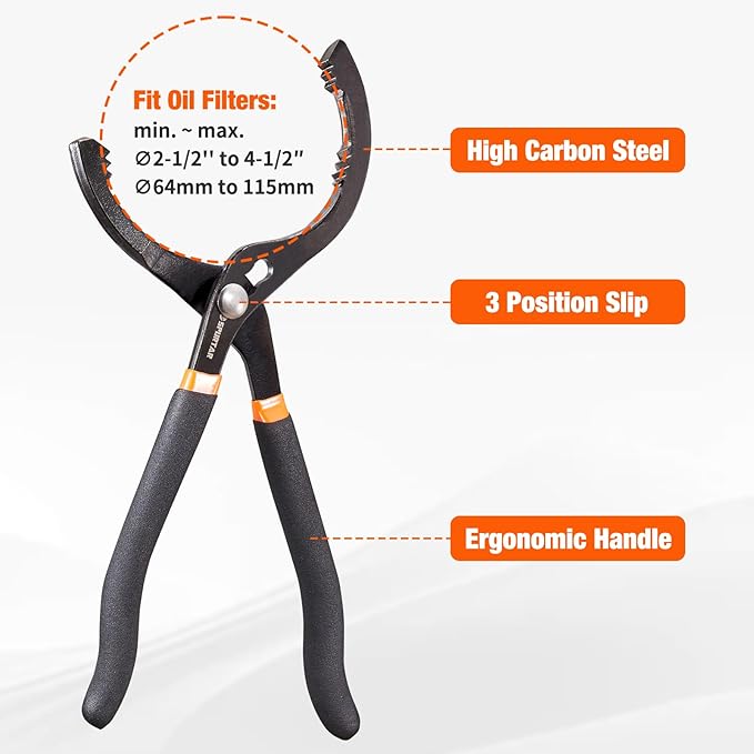 Spurtar 12'' Oil Filter Pliers, Adjustable Oil Filter Wrench, Fits Filters 2-1/2" to 4-1/2" (64-115mm) for 4S Shop Auto Repair Mechanic DIY Generator Small Engine