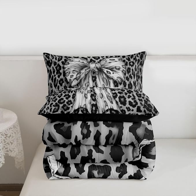 Feelyou Leopard Print Bedding Set Soft for Boys Girls, Black Cheetah Comforter Set Queen Size Cute Bowknot Duvet Quilt Microfiber Bedroom Decor 3 Pcs with 2 Pillow Cases