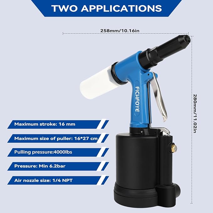 Heavy Duty Pneumatic Rivet Gun, 4000LBF Air Rivet Gun Set- 3/32", 1/8", 5/32", 3/16", 1/4" Riveter with NPT 1/4 inch for Automotive, Construction, Manufacturing Industries