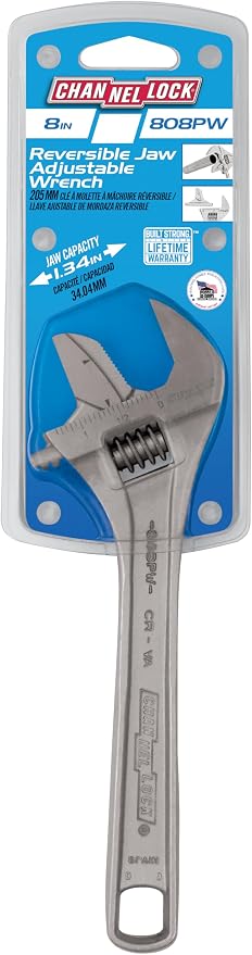 Channellock Adjustable Wrench 808PW - Reversible Jaw, Straight, Polished Finish - 8 In