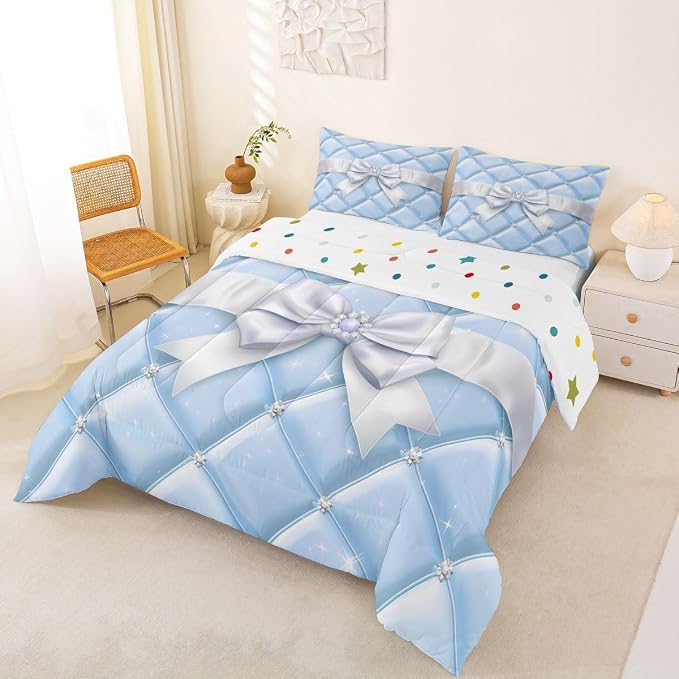 Feelyou Cute Blue Bow Bedding Set Soft for Boys Girls, Geometry Bowknot Comforter Set Queen Size Glitter Duvet Quilt Microfiber Bedroom Decor 3 Pcs with 2 Pillow Cases