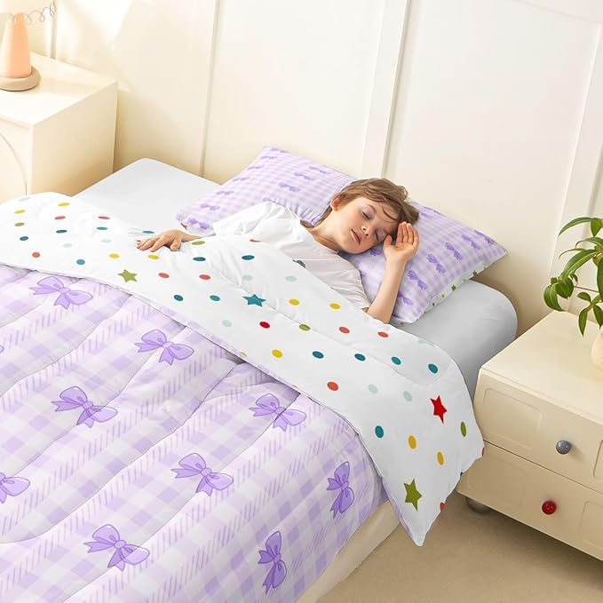 Feelyou Purple Bow Checkered Kids Comforter Set Toddler Size Chic Grid Bowknot Bedding Set Girly Duvet Quilt for Kids Boys Girls Bedroom Decor Microfiber Ultra Soft Breathable