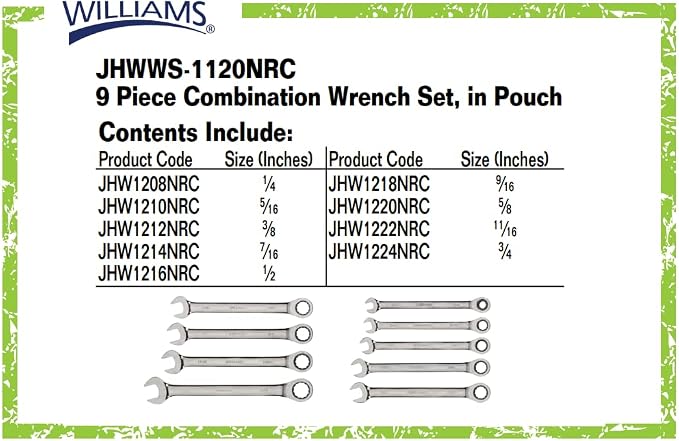 Williams WS-1120NRC Combo Ratcheting Wrench Set, 1/4 - 3/4-Inch, 9-Piece