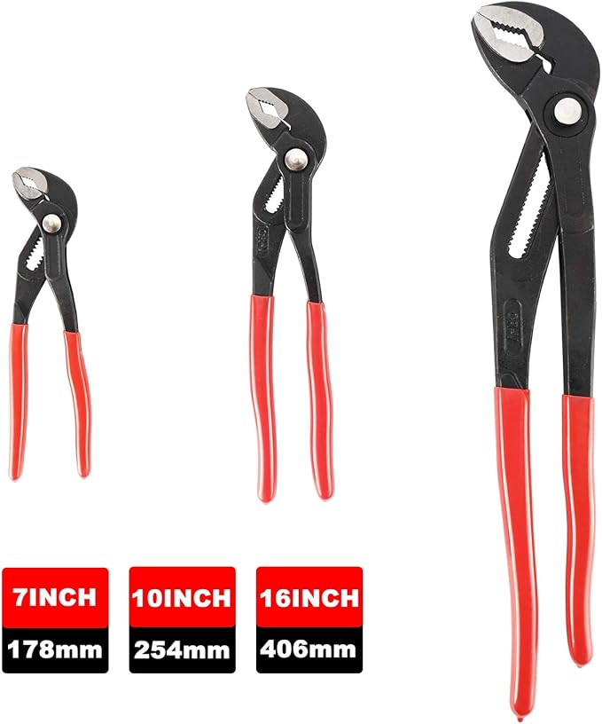 HighFree 3PCS Water Pump Pliers Set 7Inch, 10Inch, 16Inch, Tongue and Groove Pliers Set Quick Adjustment by Pressing and Sliding Grips Any Shaped Object