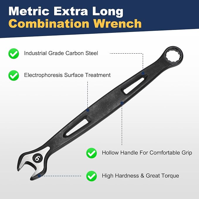 HARFINGTON Combination Wrench 9mm Metric Extra Long 12-Point Box and Open End Carbon Steel Double Ended Industrial Grade Spanner for Automotive Furniture Machinery DIY Repair, Black