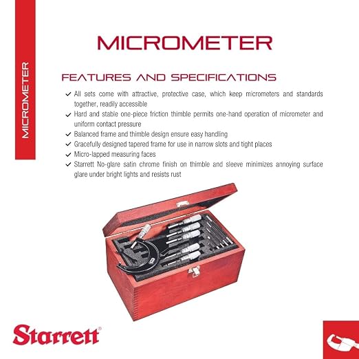 Starrett Outside Micrometer Set with One-Piece Friction Thimble, Tapered Frame and Satin Chrome Finish - Quick and Easy Adjustment, 0-6" Set Range, .0001" Graduations - ST436.1CXFLZ