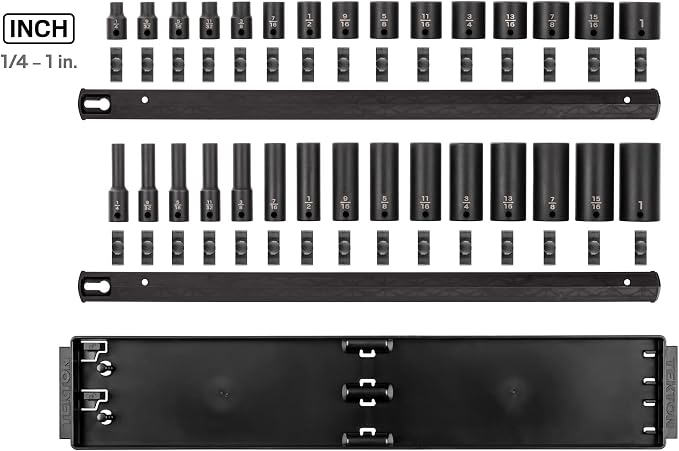 TEKTON 3/8 Inch Impact Socket Set, 30-Piece | SID91210 | (1/4 - 1 in.), Shallow and Deep, 6-Point, Socket Rail