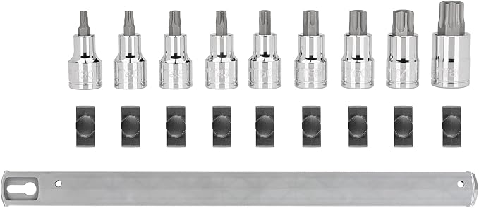 TEKTON Torx Bit Socket Set with Rail, 9-Piece | SHB92107 | 1/2 Inch Drive, (T30 - T80), Socket Rail