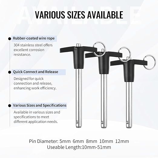 2 Pack T Handle Quick Release Pin 3/8 Inch Diameter,304 Stainless Steel Ball Locking Pin with Push Button Lanyard Usable Length 3.94"(9.5mm x 100mm)