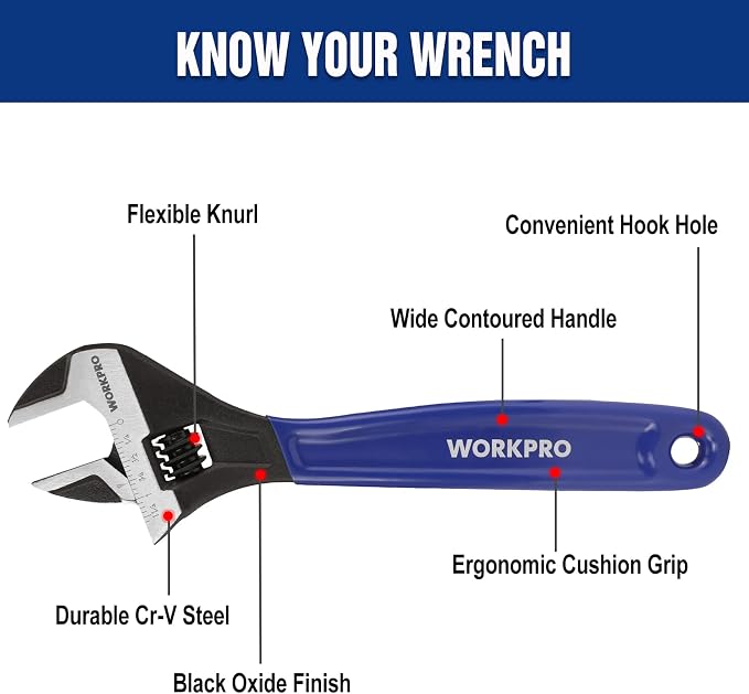 WORKPRO 10-Inch Adjustable Wrench, Cr-V Steel Wide Jaw Black Oxide Wrench | Metric & SAE Scales,Ideal for Home Repairs, Garage, Workshop and DIY Applications
