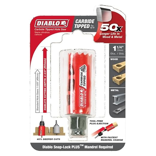 Diablo Carbide Teeth Hole Saw for Wood and Metal - Fits with Snap-Lock Plus Mandrel System, Tool-Free Plug Ejection - 1-1/4" Diameter, 2-3/8" Length - DHS1250CT