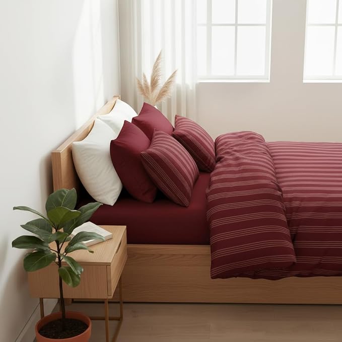Sedefen Striped Duvet Cover Set Queen Size Red Vintage Striped Patterned Bedding Set Soft Breathable Microfiber Bedding Set with 2 Pillowcases