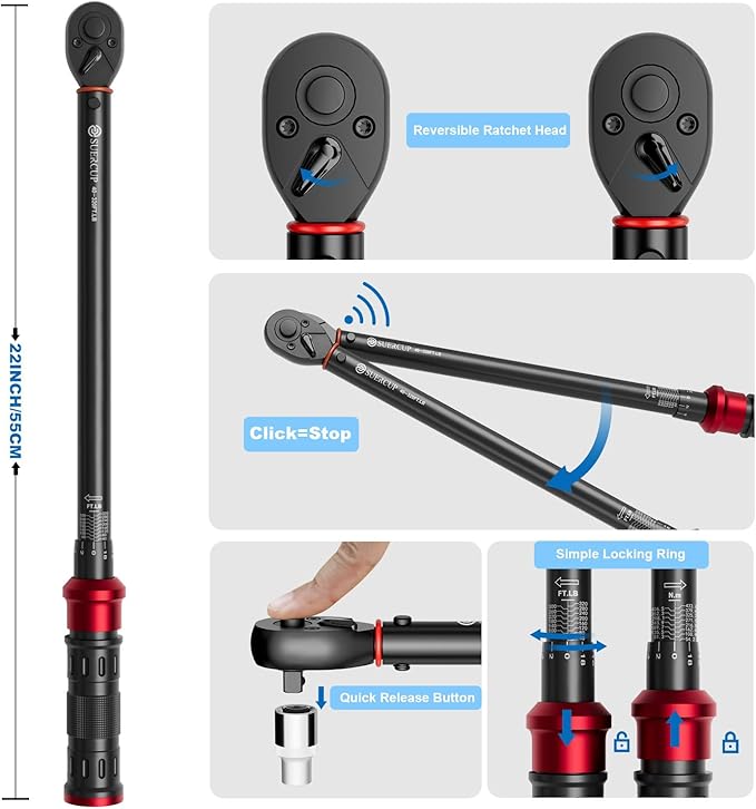 SUERCUP 1/2-Inch Click Torque Wrench- 40-320FT.LB/54.2-433.6Nm Dual-Direction Adjustable 72 Tooth Drive Click Torque Wrench with Storage Case for Product Assembly and Car Repair
