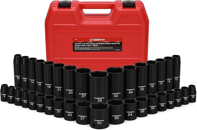 CASOMAN 36-Piece 1/2” Drive Metric Deep and Shallow Impact Socket Set, 6-Point, CR-V, for Auto Repair, with Portable Case, Rugged Construction