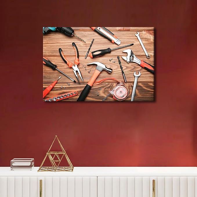 Wooden Table Old Tools Canvas Wall Art Background 1 Panels Tape Measure Pliers Artwork Frameds Modern Pictures for Office Meeting Room Study Decor Ready to Hang for Home Wall Decor ((16"Wx24"H)