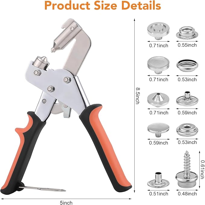 Dntorx Heavy Duty Snap Fastener Tool with 100 Sets, 15mm Snap Button Kit Stainless Steel Snap Fasteners Kit Snap Kit with Tool Snaps for Ffabric Leather Sewing DIY Crafts(Orange)