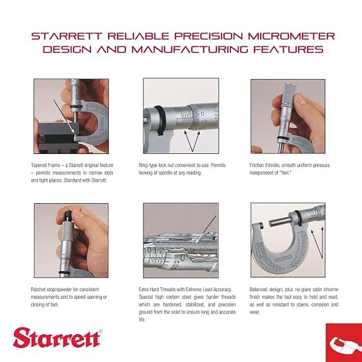 Starrett Outside Micrometer with Micro-Lapped Measuring Faces, Satin Chrome Finish and Advanced Sleeve Design - Quick and Easy Adjustment, .001" Graduations - 436.1XRL-5
