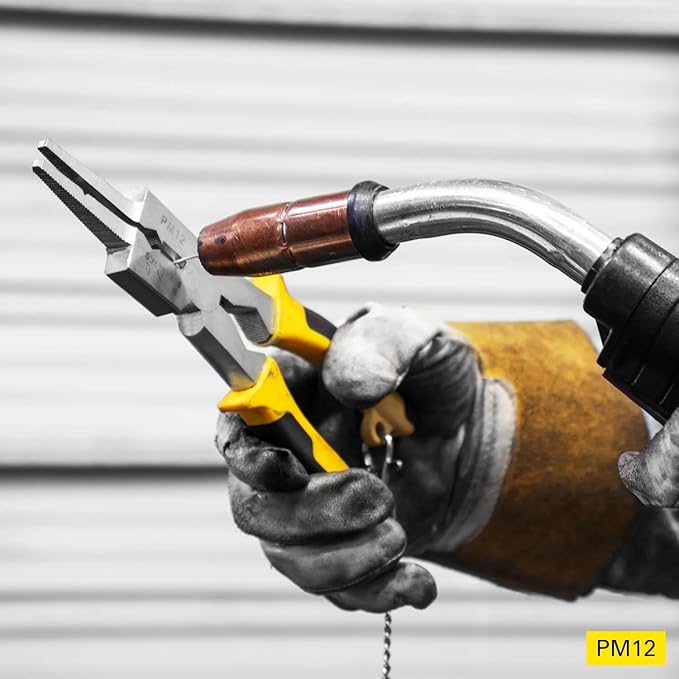 Strong Hand Tools PM12 Deluxe MIG Welding Plier, 8", Rounded & Flat Face Hammer, Fine & Coarse File, Side Pull V-Notch, Retention Chain, Ergonomic Grip