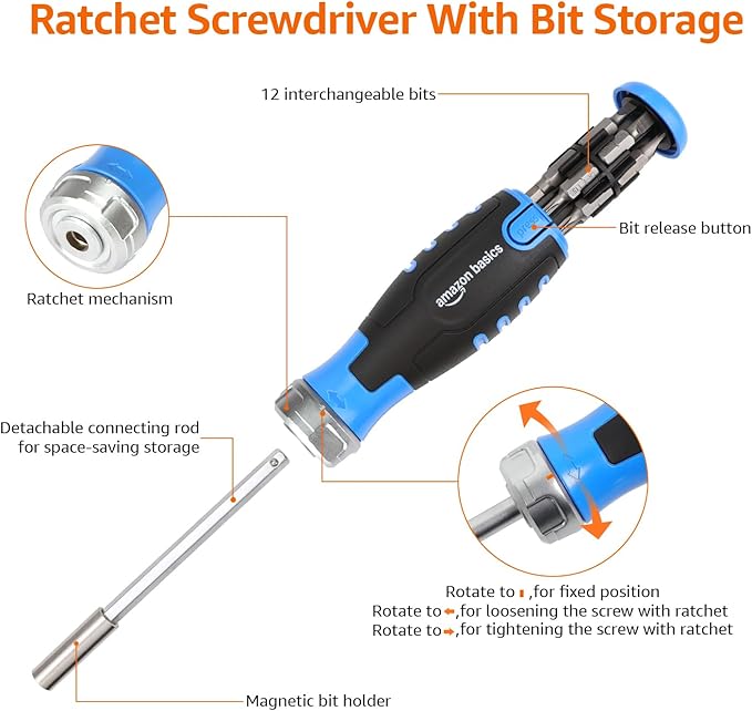 Amazon Basics 12-in-1 Ratcheting Magnetic Screwdriver Set with Bit Storage in Handle, Portable Repair Tool Kit, Security Torx, Phillips, Flat, Hex, Torx, Black, Blue, Silver