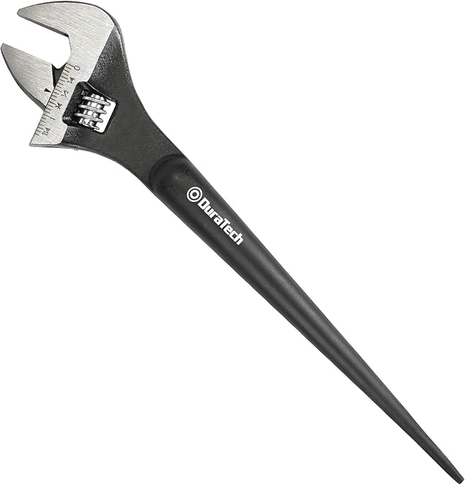 DURATECH 10-Inch Adjustable Construction Spud Wrench | Black Oxide Finish, CR-V Steel, SAE and Metric Scale Marked, Alignment Holes and Tail Crowbar Features