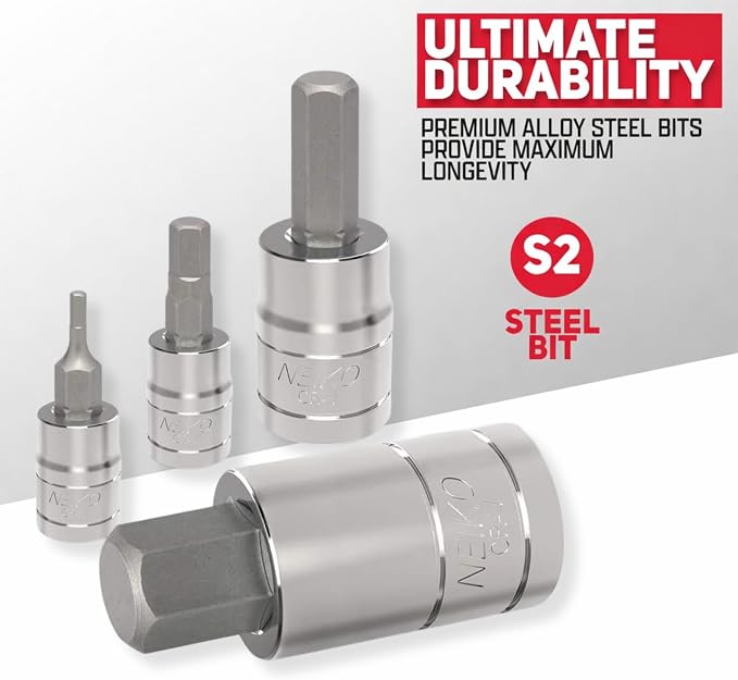 NEIKO 10074A Metric Hex Bit Socket Set | 13-Piece Set | S2 and Cr-V Steel | 1/4-Inch, 3/8-Inch and 1/2-Inch Drive | 2mm to 14mm