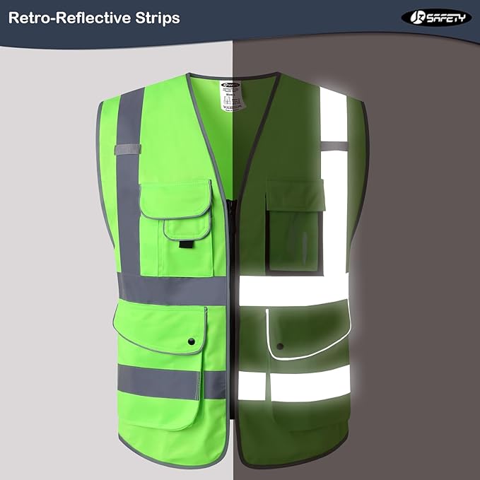 JKSafety 9 Pockets Class 2 High Visibility Zipper Front Safety Vest With Reflective Strips, Meets ANSI/ISEA Standards (Large, 150-Green)