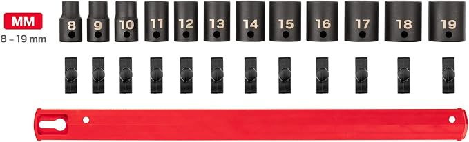 TEKTON 3/8 Inch Drive Impact Socket Set, 12-Piece | SID91102 | (8 - 19 mm), Shallow, 6-Point, Socket Rail