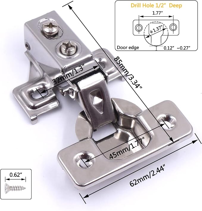 20 Pack Soft Close Cabinet Door Hinges for 1/2" Partial Overlay, 105 Degree Opening Angel, Stainless Concealed Kitchen Cabinet Hinges with Mounting Screws, Manual and Door Bumpers