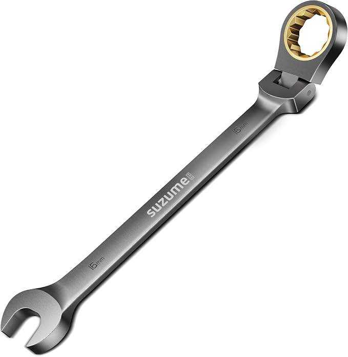 SUZUME 16mm Flex Head Ratcheting Wrench Metric 72 Teeth Cr-V Steel 15K+ Cycle Locked Gears with 180° Flexible Head Black Nickel Coating