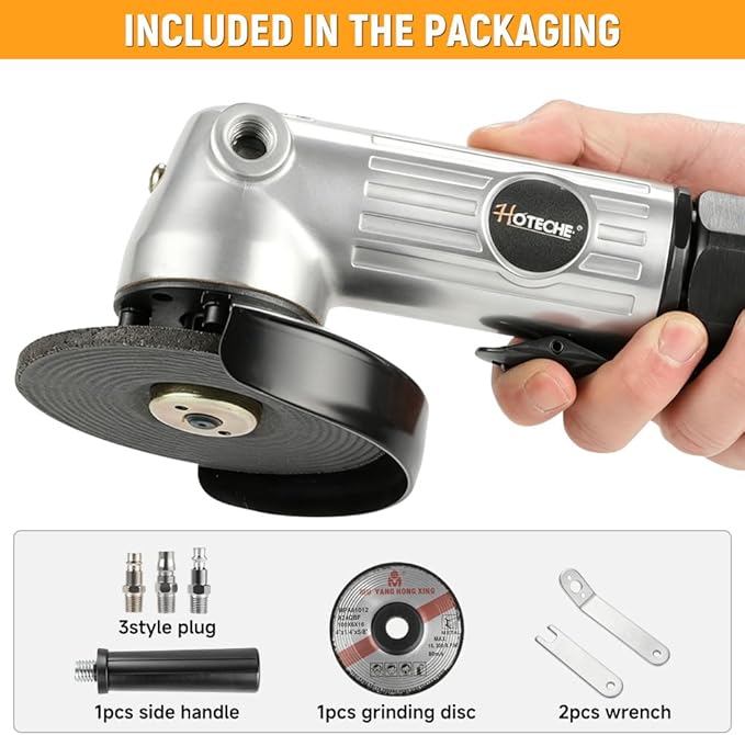 Hoteche 4-Inch Air Angle Grinder, High Speed Pneumatic Grinder, Professional Metal Cutting & Grinding Tool with Front Exhaust, Heavy Duty 1/4" Air Inlet, 90 PSI Power Tool for Fabrication