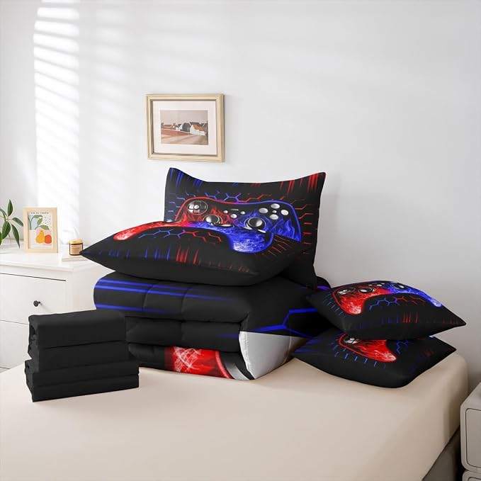 Erosebridal Boys Gamer Bed in a Bag Queen Comforter Set 7 Piece Ombre Art Honeycomb Sheet Set Red Blue Neon Lights Bedding Set Game Consoles Bed Set Geometry Hexagon Beehive Gaming Room Decor