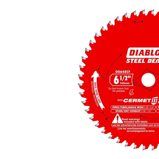 Diablo Steel Demon Cermet II Saw Blade for Metals and Stainless Steel - 6-1/2" Diameter, 48 TCG Teeth, 5/8" Arbor, .061" Kerf, 0° Hook Angle, 5800 Max RPM - D0648CFX