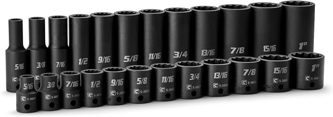 Capri Tools 3/8 in. Drive Shallow and Deep Impact Socket Set, 12-Point, SAE, 5/16 to 1 in., 24-Piece