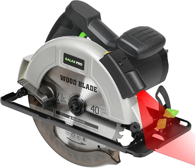 GALAX PRO 11Amp Corded Circular Saw with Laser, 6000RPM, 0-45° Adjustable Bevel, Max Cutting Depth 2-1/2''(90°) to 1-7/8''(45°), 7-1/4 Inch Carpentry Blade for Wood Plastic Cuts
