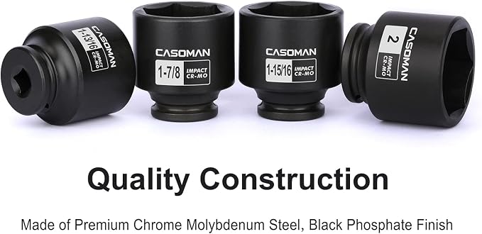 CASOMAN 1/2'' Drive Spindle Axle Nut Impact Socket Set, 6 Point, CR-MO,1-13/16, 1-7/8, 1-15/16, 2 inch, 4PC 1/2-Inch Impact Socket Set, Heavy Duty Use In Removing And Installing Axle Nuts