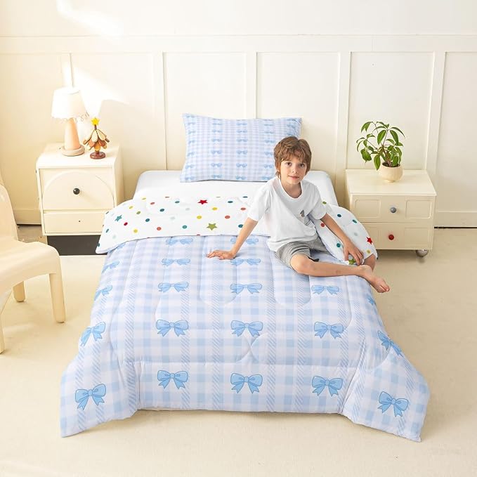 Feelyou Blue Grid Bowknot Bedding Set Soft for Boys Girls, Bow Checkered Comforter Set Twin Size Princess Duvet Quilt Microfiber Bedroom Decor 2 Pcs with 1 Pillow Cases