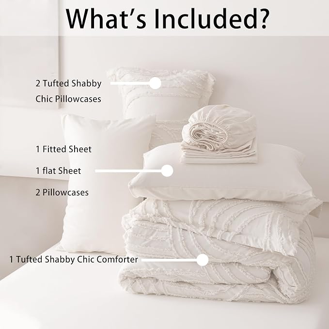 Nttopship Ivory Full Comforter Set - 7 Pieces Bed in a Bag, Premium Comforters Full Size Bed Set Tufted Shabby Chic Bedding Comforter Set with Flat Sheet, Fitted Sheet and Pillowcases,White