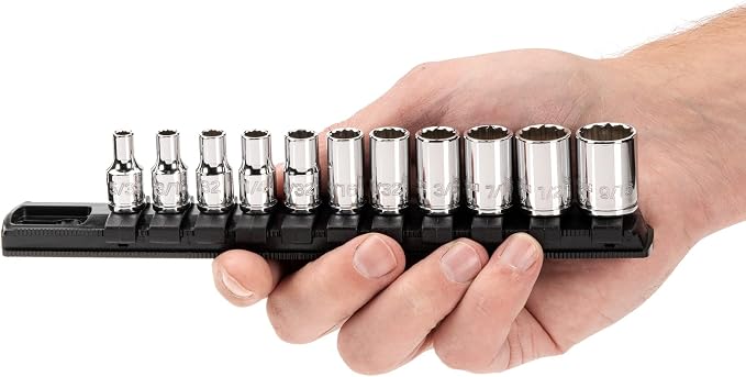 TEKTON 1/4 Inch Drive 12-Point Socket Set, 11-Piece | SHD90103 | (5/32 - 9/16 in.), Shallow, Socket Rail