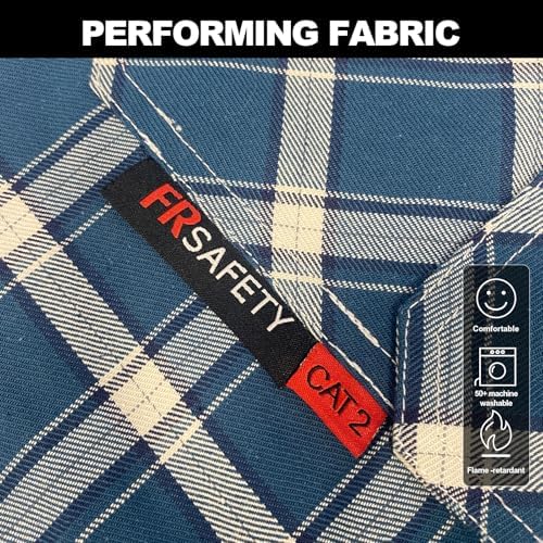 FR Shirts for Men 7oz Fire Resistant Shirts CAT2 Welding Shirt 100% Cotton Flame Resistant Shirt Blue/Plaid(5X-Large)