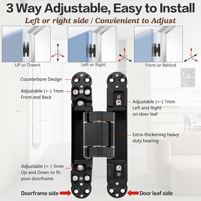 Onedaful 2 Kits 6 inch Stainless Steel Hidden Door Hinges Invisible Hinges for Door, 180 Degree Swing Concealed Hinges, 3 Way Adjustable & Heavy Duty for Secret Door (Load-Bearing Up to 170lbs)