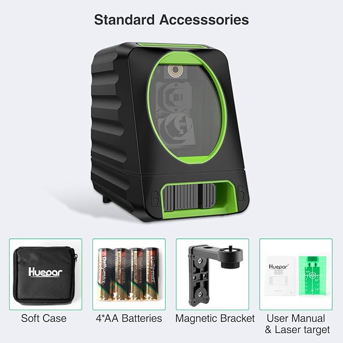 Laser Level Self Leveling, Huepar Box-1G 150Ft Green Cross Line Laser for Picture Hanging, Tile, Decoration & DIY Construction – 360° Magnetic Base & AA Battery, Outdoor Use Pulse Mode with Receiver